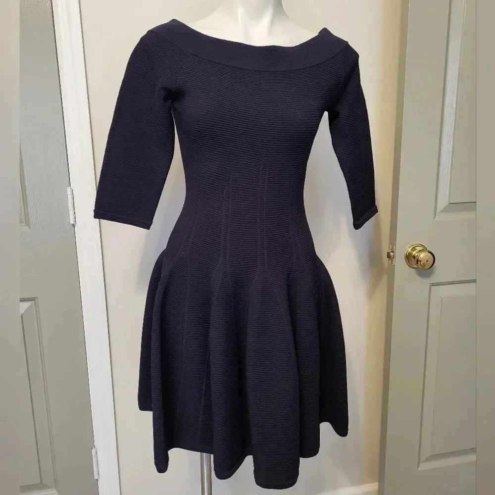 Jonathan Simkhai Class Navy Blue Off-The-Shoulder Pleated Knit Dress(M)